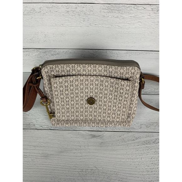 Fossil Women's Brown Leather Printed Fabric Crossbody Cute Shoulder Bag Purse - Picture 7 of 15